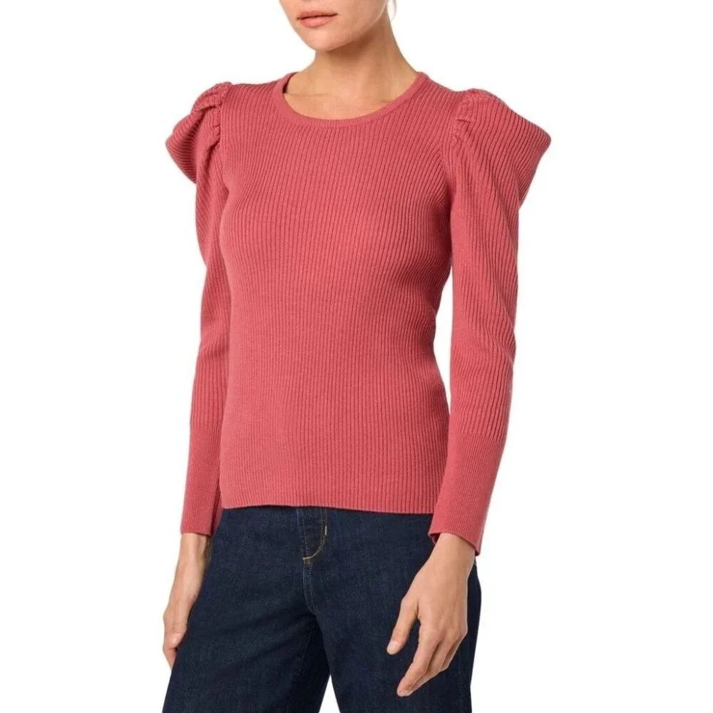 Joe's Jeans Wool Blend Rib Sweater Womens Size S Slate Rose Puff Sleeves Fitted